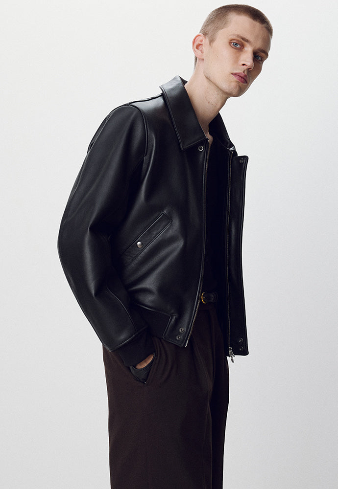 Tonywack - Shearling Collar Leather Bomber Jacket (Black) product image 6 | TRAB K-Fashion Australia