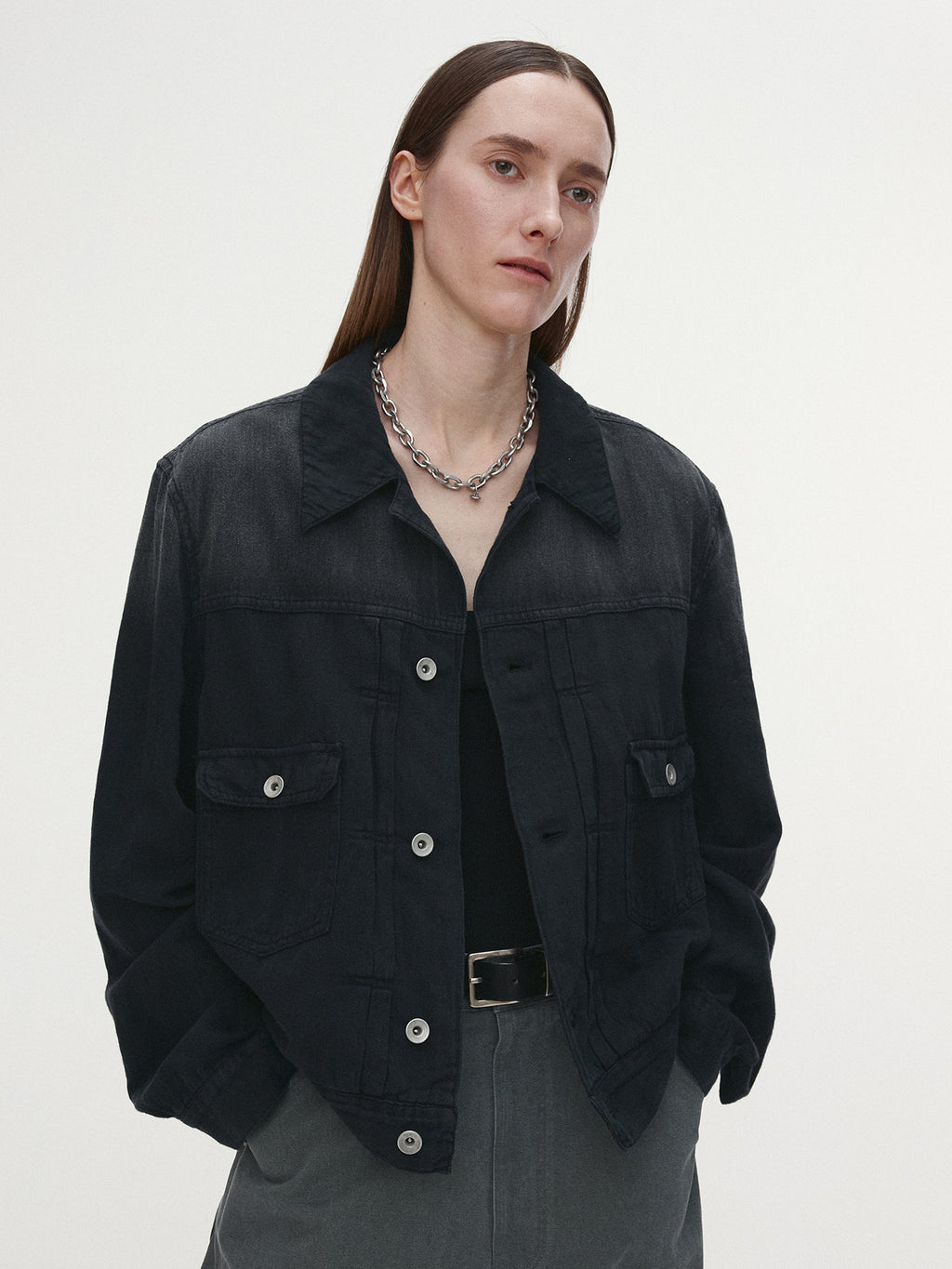 Tonywack - Cotton Linen Garment-Dyed Trucker Jacket (Faded Black) product image 4 | TRAB K-Fashion Australia