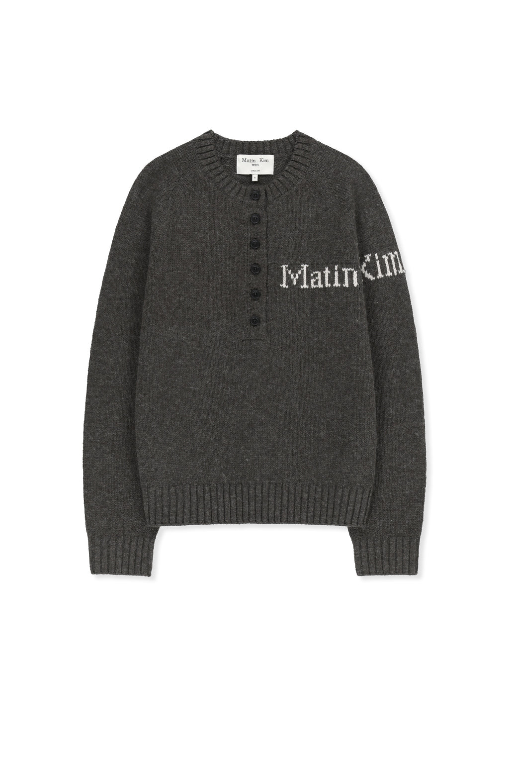 Matin Kim - Matin Button Point Henley Neck Logo Knit Top (Charcoal) product image 1 | TRAB K-Fashion Australia