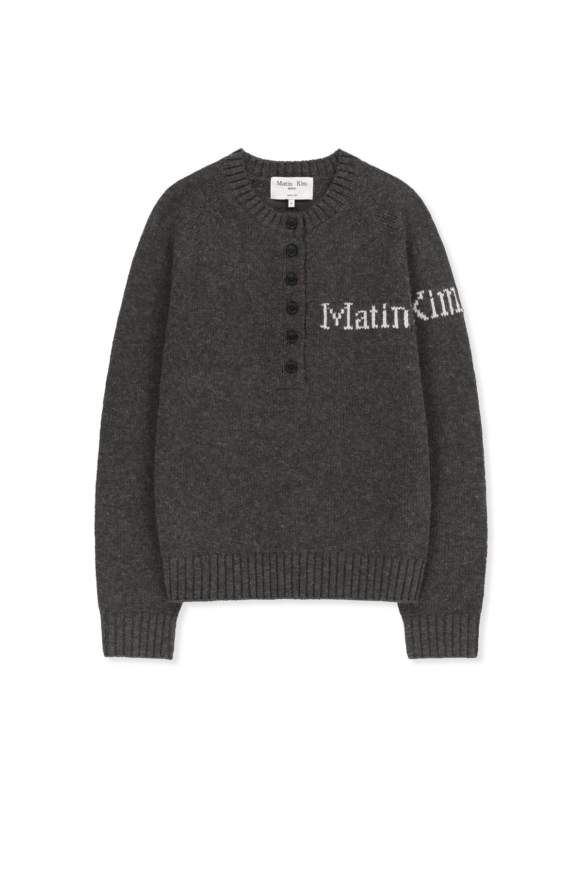Matin Kim - Matin Button Point Henley Neck Logo Knit Top (Charcoal) product image 1 | TRAB K-Fashion Australia