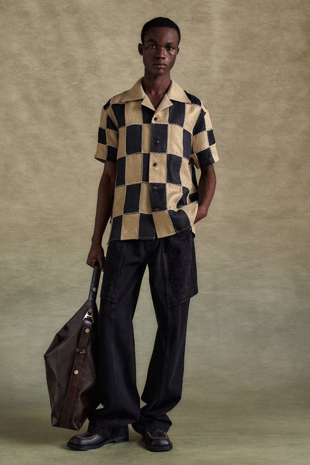 Andersson Bell - Patchwork Open Collar Shirts (Black/Beige) product image 10 | TRAB K-Fashion Australia