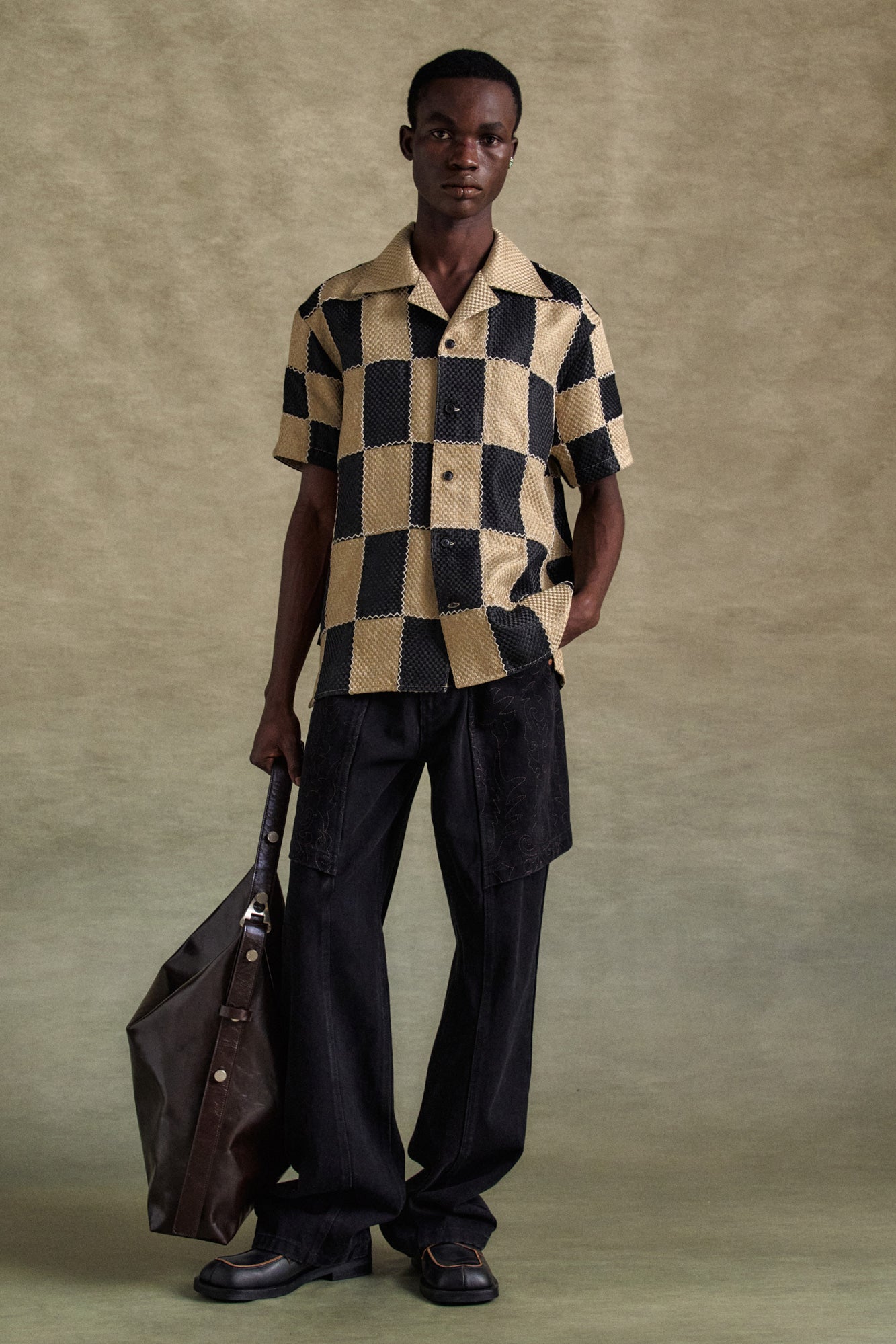 Andersson Bell - Patchwork Open Collar Shirts (Black/Beige) product image 10 | TRAB K-Fashion Australia