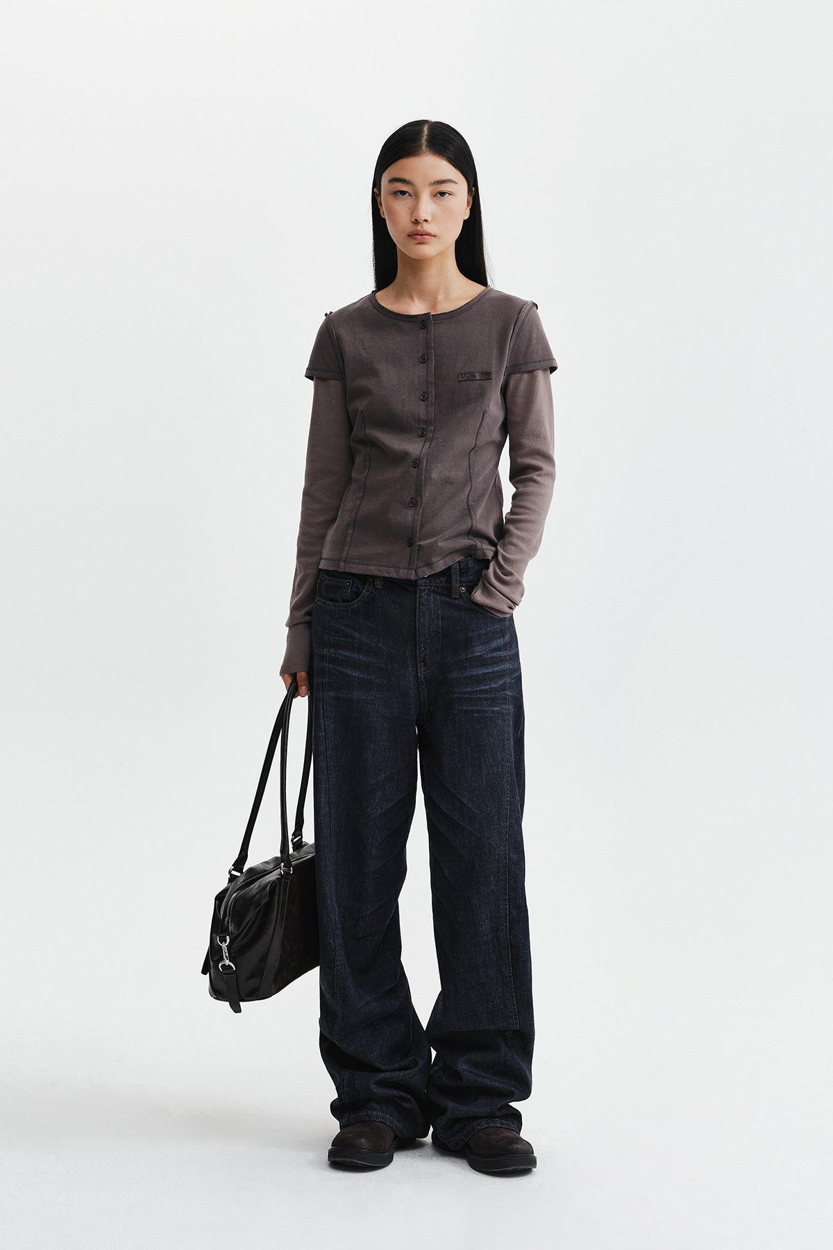 Matin Kim - Faded Color Block Layered Button Top (Cocoa) product image 9 | TRAB K-Fashion Australia