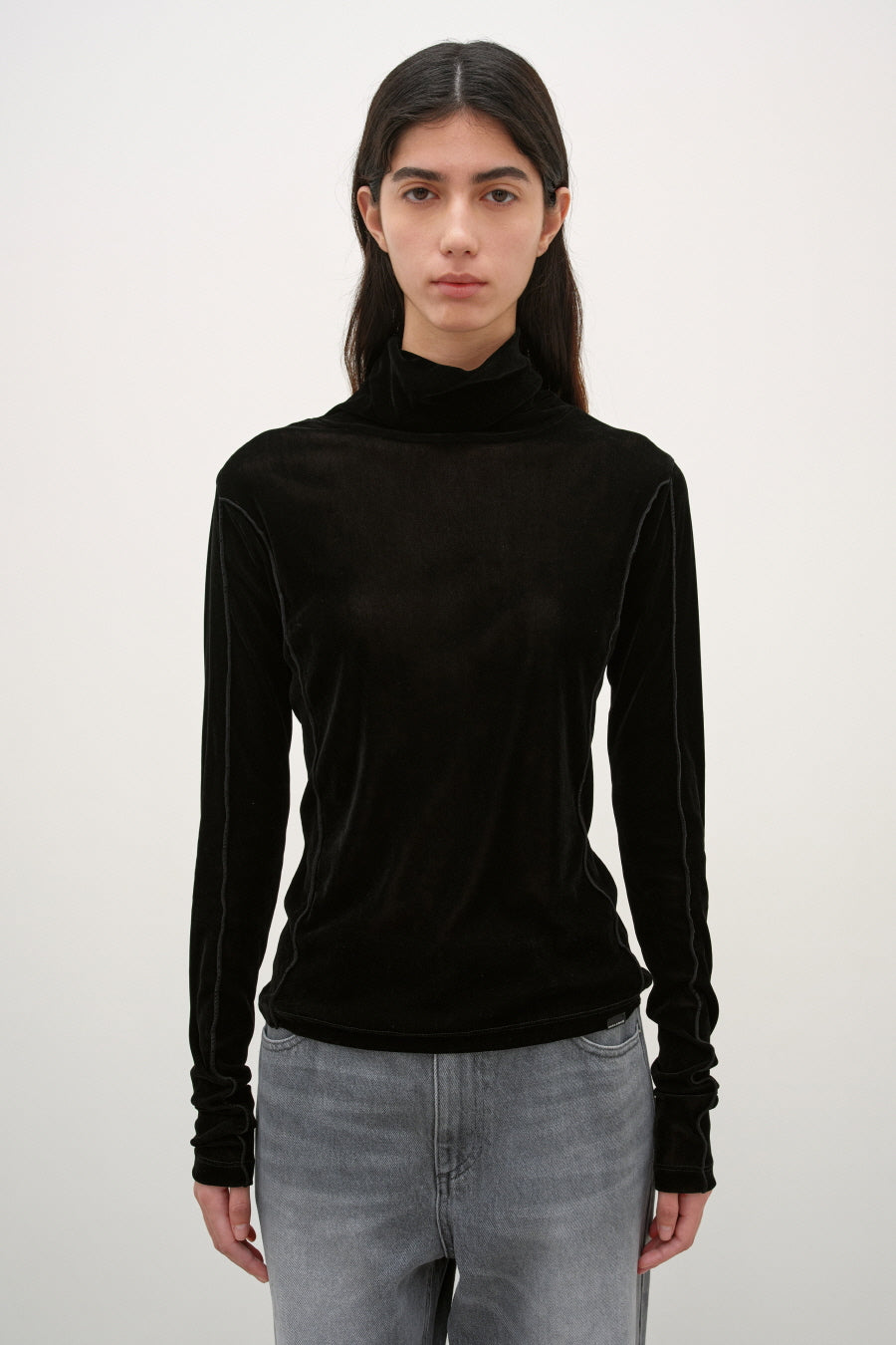 Insilence - Velvet Mesh Turtleneck T-Shirt (Black) product image 1 | TRAB K-Fashion Australia