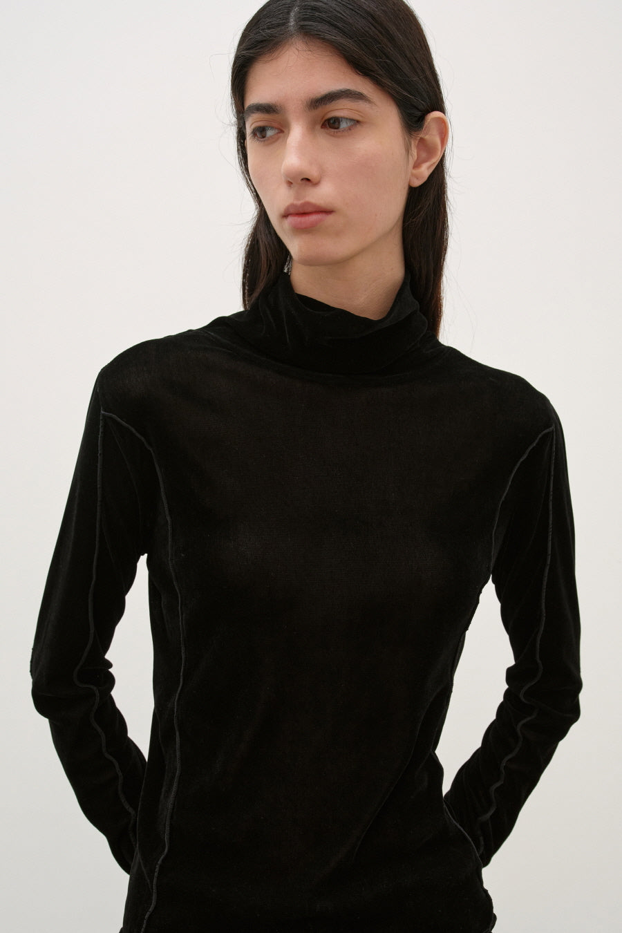 Insilence - Velvet Mesh Turtleneck T-Shirt (Black) product image 2 | TRAB K-Fashion Australia