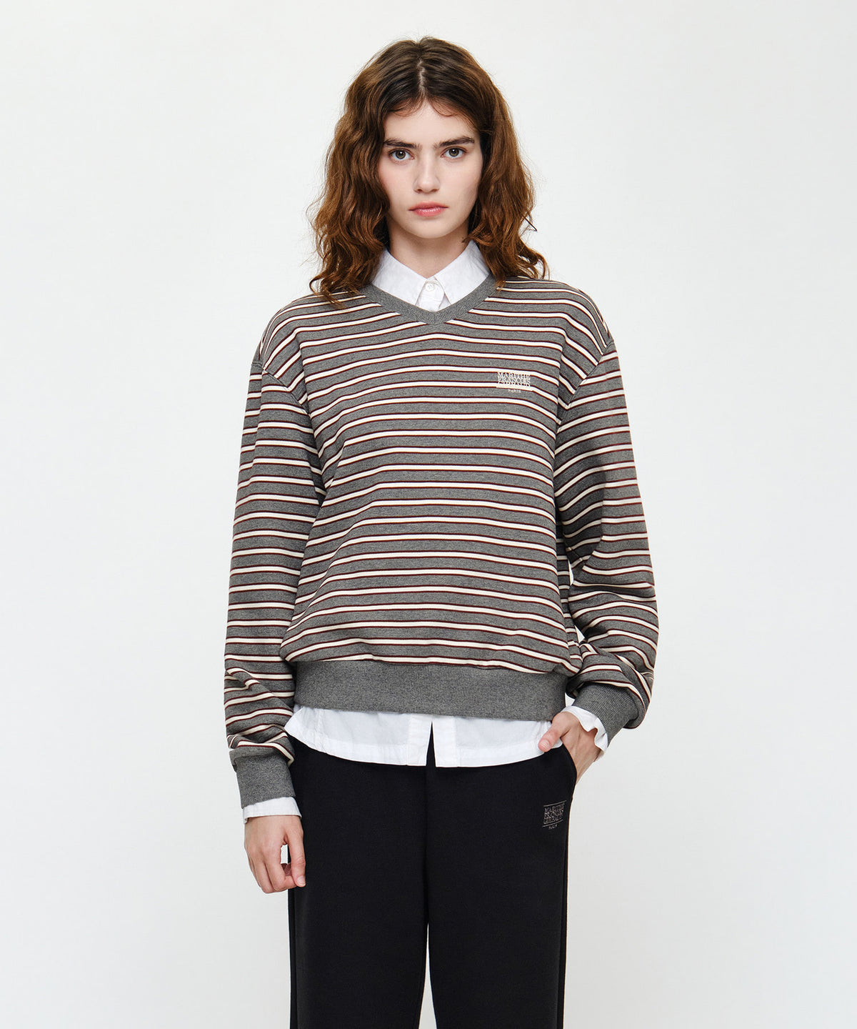 Marithe & Francois Girbaud - Small Classic Logo V Neck Balloon Sweatshirt (Stripe) product image 1 | TRAB K-Fashion Australia