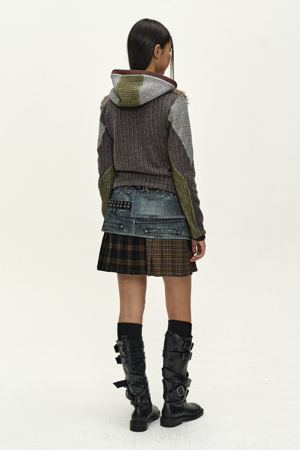 Andersson Bell - Fur Color-Blocked Hooded Zip-Up (Charcoal/Khaki) product image 3 | TRAB K-Fashion Australia