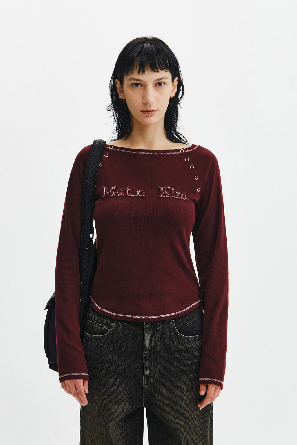 Matin Kim - Logo Applique Button Detail Raglan Top (Wine) product image 12 | TRAB K-Fashion Australia
