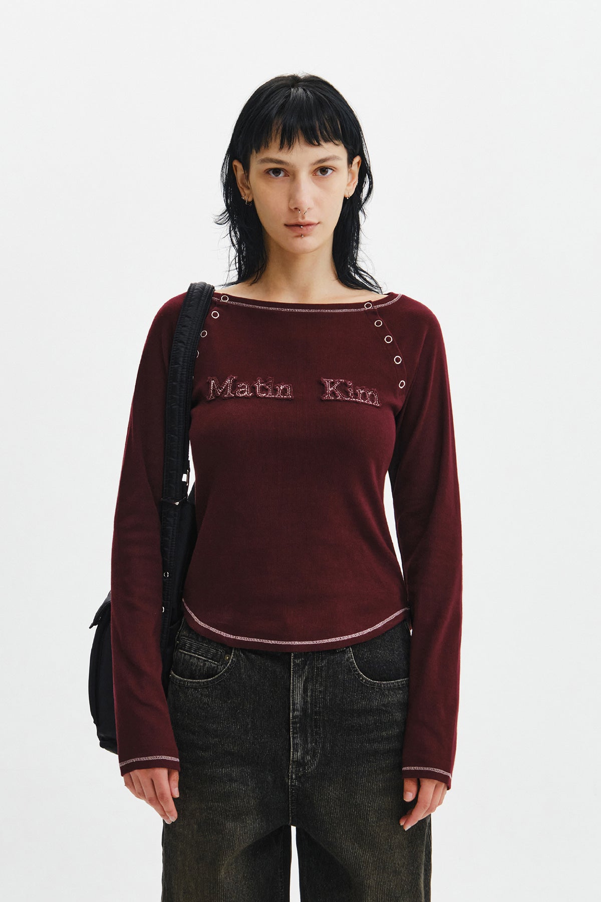 Matin Kim - Logo Applique Button Detail Raglan Top (Wine) product image 12 | TRAB K-Fashion Australia