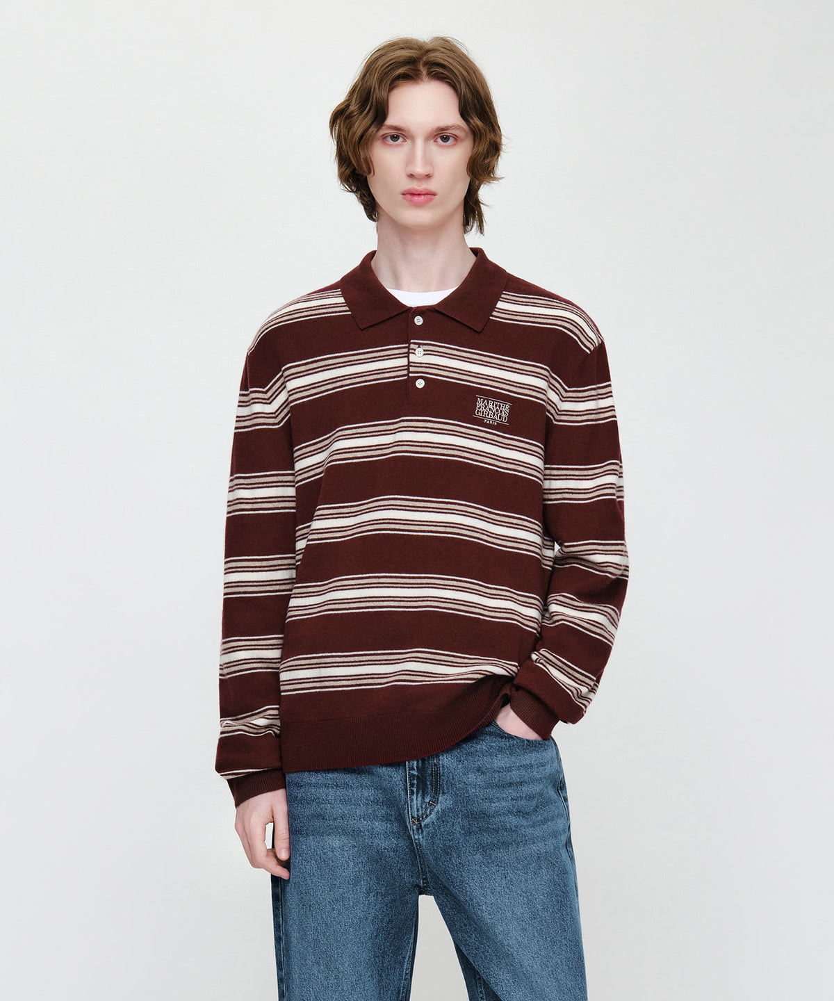 Marithe & Francois Girbaud - Small Classic Logo Multi Stripe Polo Knit (Burgundy) product image 1 | TRAB K-Fashion Australia
