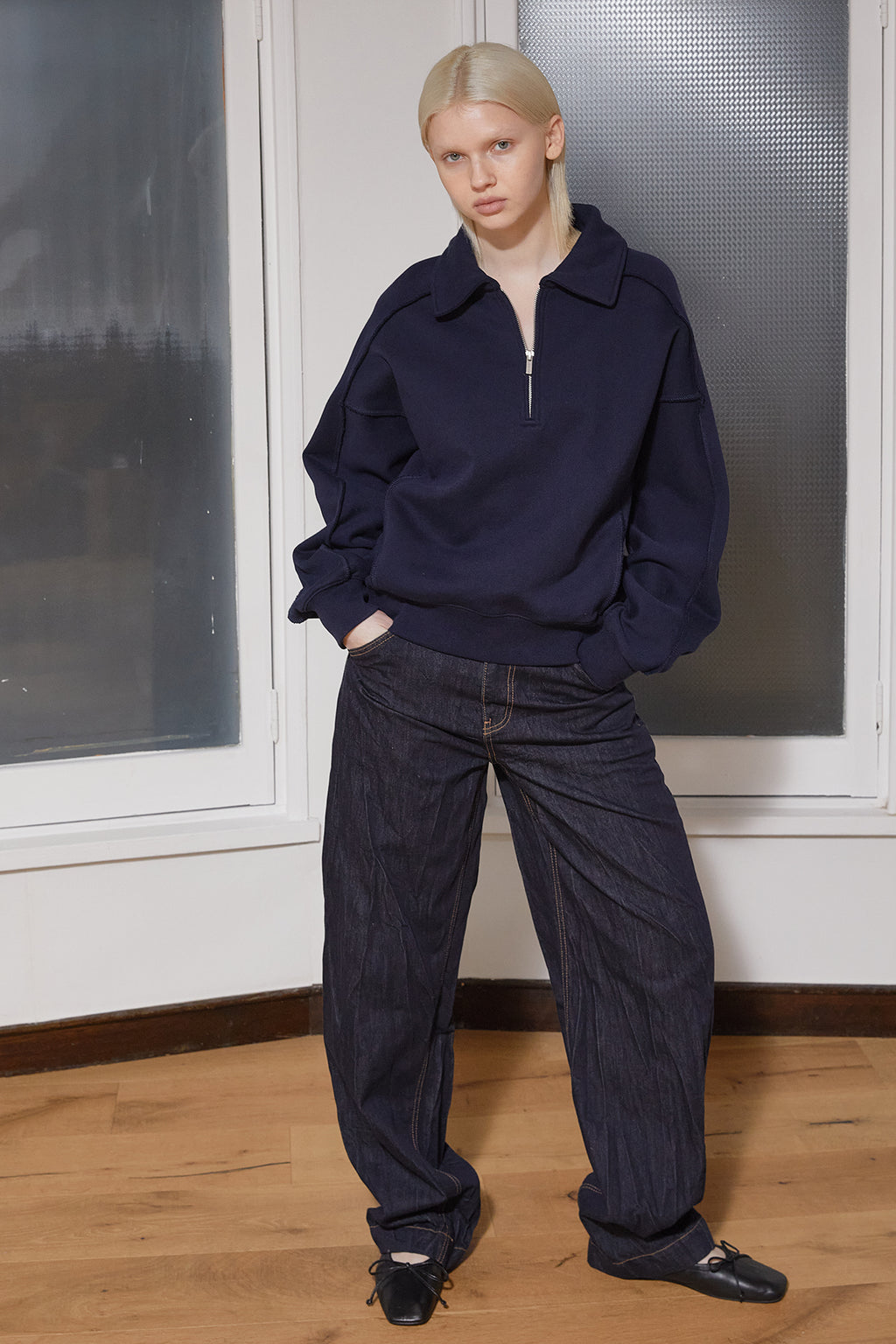 Matin Kim - Back Logo Half Zip Sweatshirt (Navy) product image 11 | TRAB K-Fashion Australia