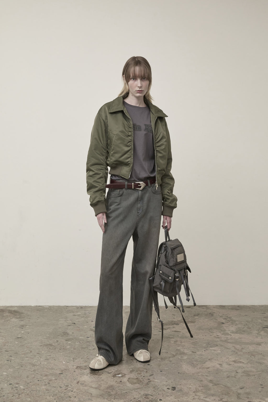 Matin Kim - Applique Logo Shirring Bomber Jumper (Khaki) product image 9 | TRAB K-Fashion Australia