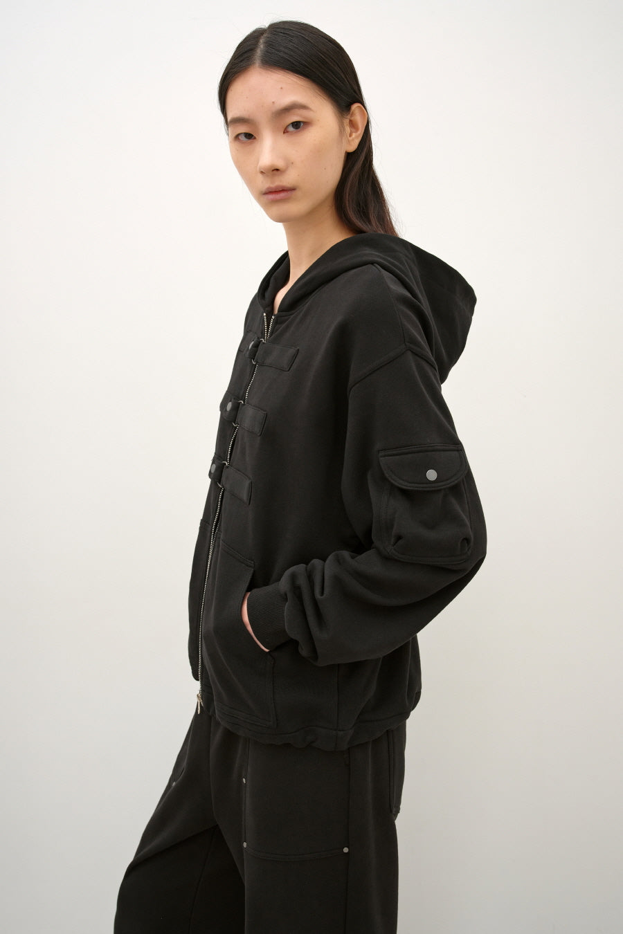 Insilence - Strap Closing Hood Zip Up (Black) product image 2 | TRAB K-Fashion Australia