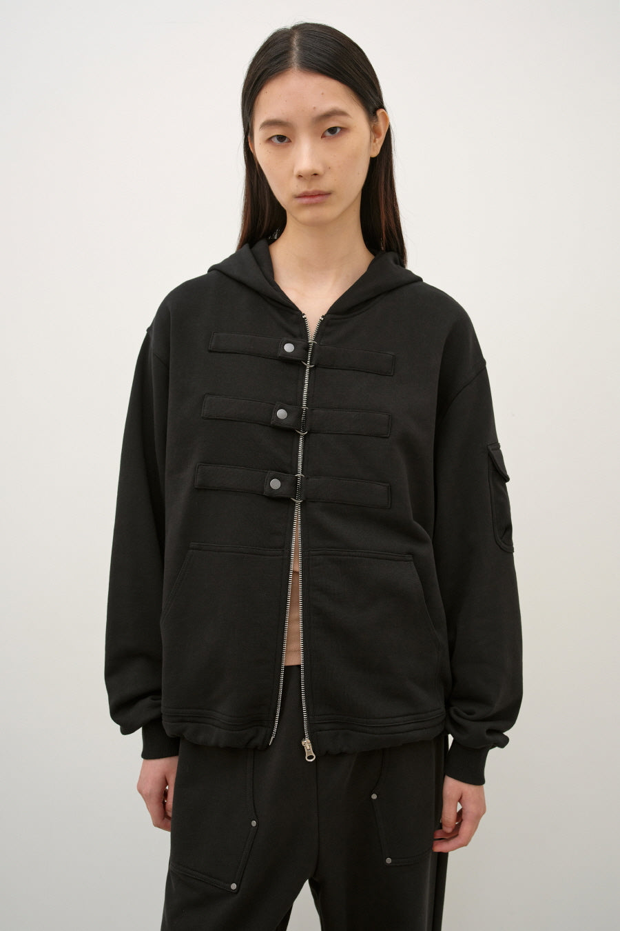 Insilence - Strap Closing Hood Zip Up (Black) product image 1 | TRAB K-Fashion Australia