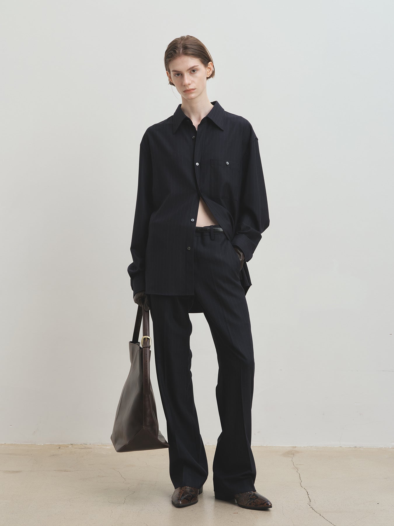 Tonywack - Wool Striped Relaxed Shirt (Navy Pinstripe) product image 4 | TRAB K-Fashion Australia