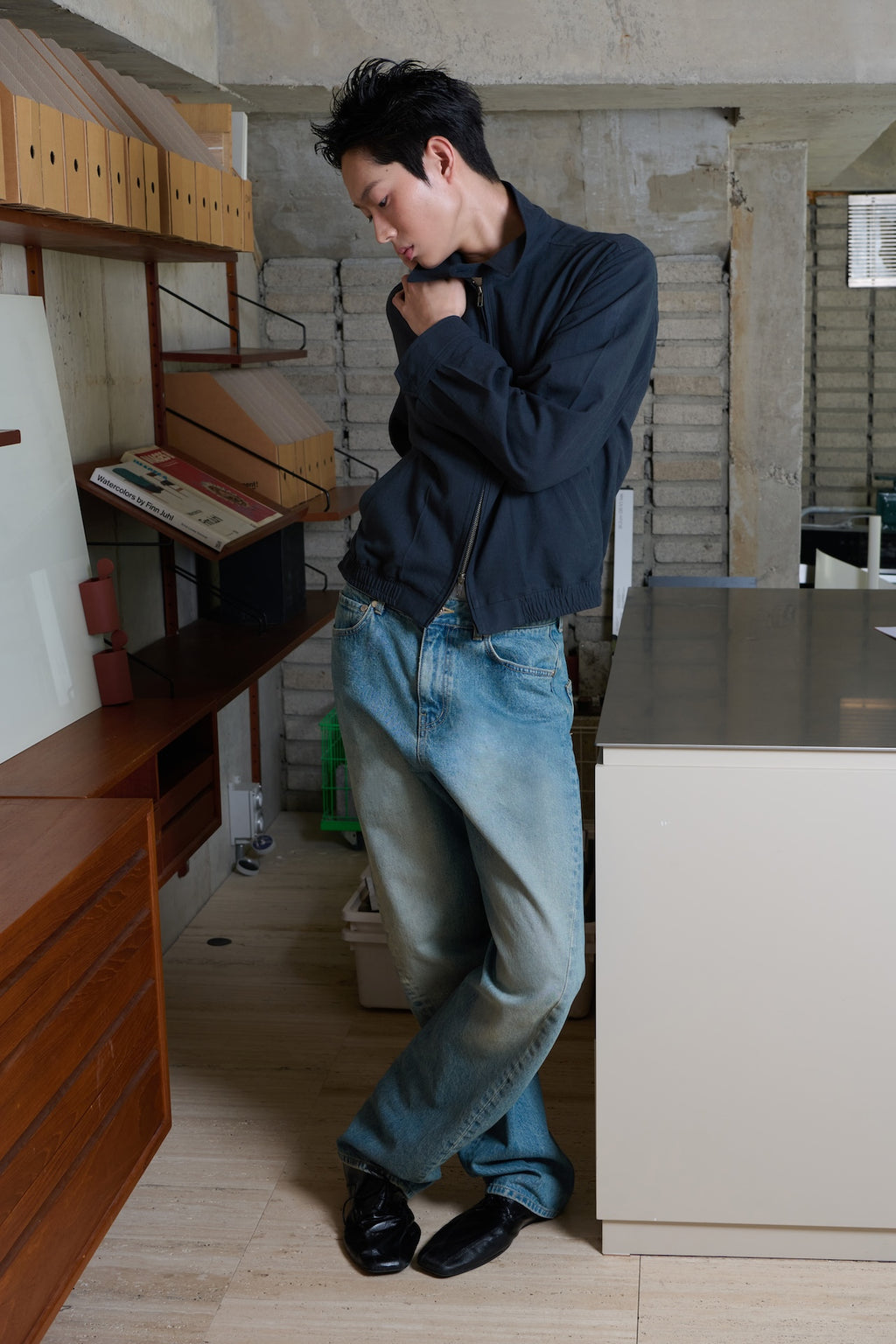STU - Twist Curved Denim Pants (Mid Blue) product image 2 | TRAB K-Fashion Australia