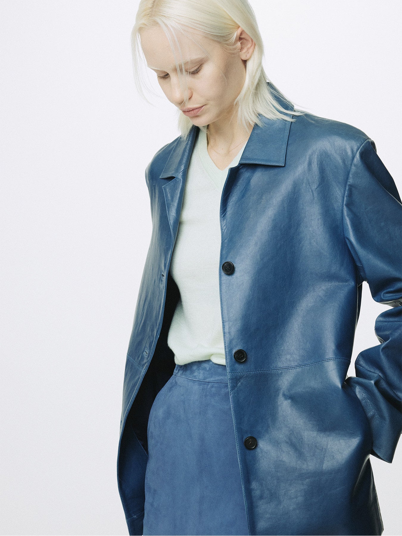 Tonywack - Vegetable Tanned Lamb Leather Open Collar Jacket (Mid Blue) product image 6 | TRAB K-Fashion Australia