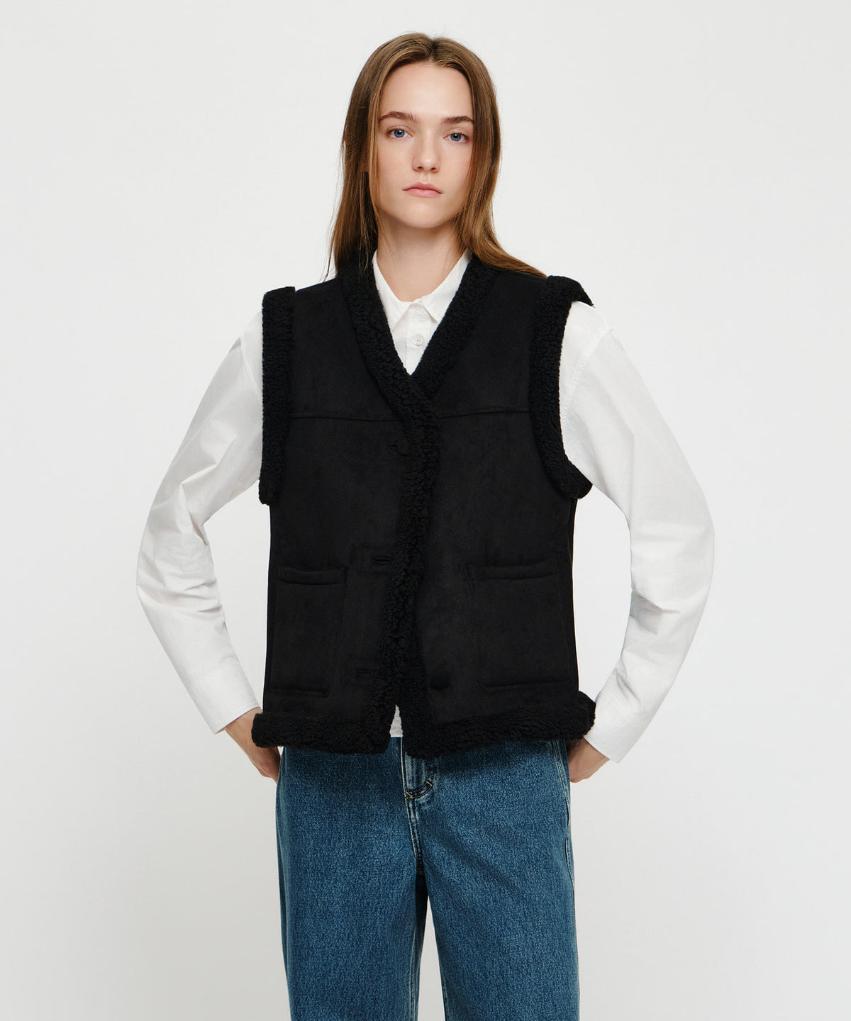 Marithe & Francois Girbaud - V-neck Shearling Vest (Black) product image 1 | TRAB K-Fashion Australia
