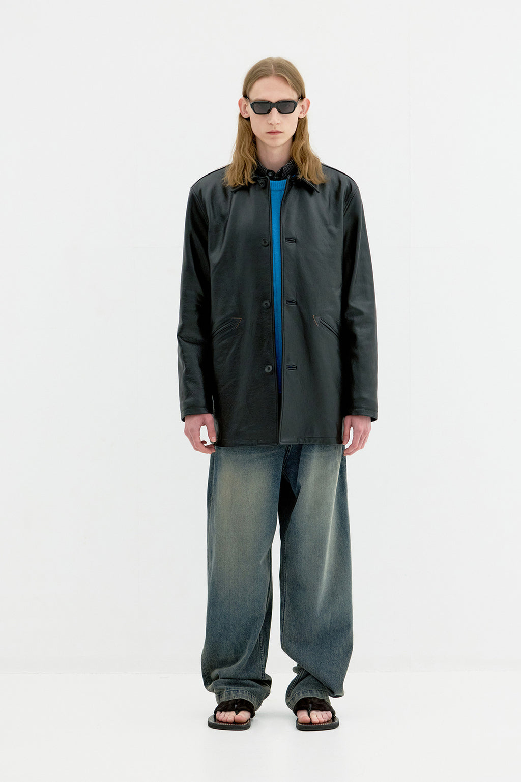 Coor - Chevron Stitched Cow Leather Car Coat (Black) product image 2 | TRAB K-Fashion Australia
