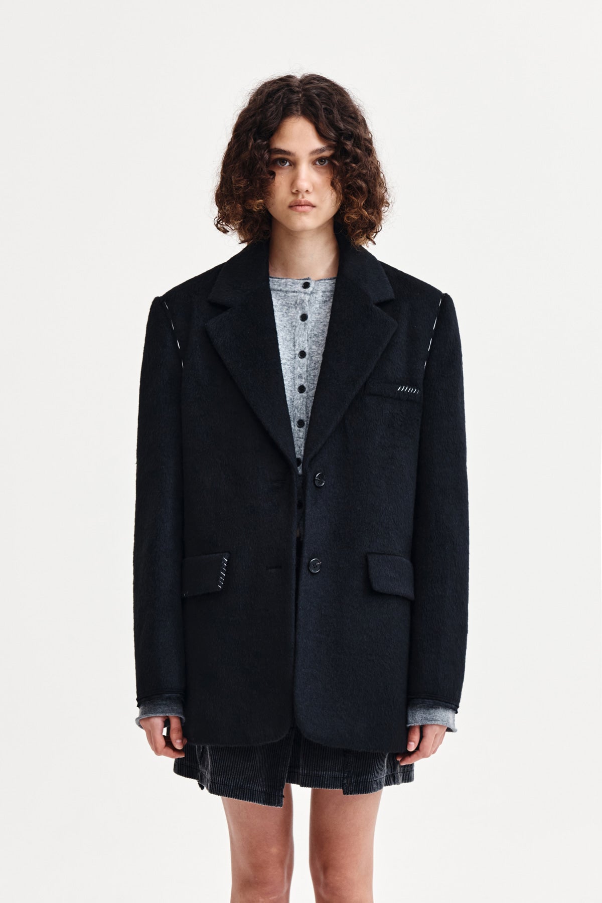 Matin Kim - Hairy Overfit Stitch Single Jacket (Black) product image 1 | TRAB K-Fashion Australia