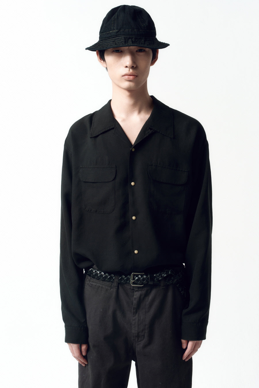 Insilence - Tencel Gabardine Open Collar Shirts (Black) product image 2 | TRAB K-Fashion Australia