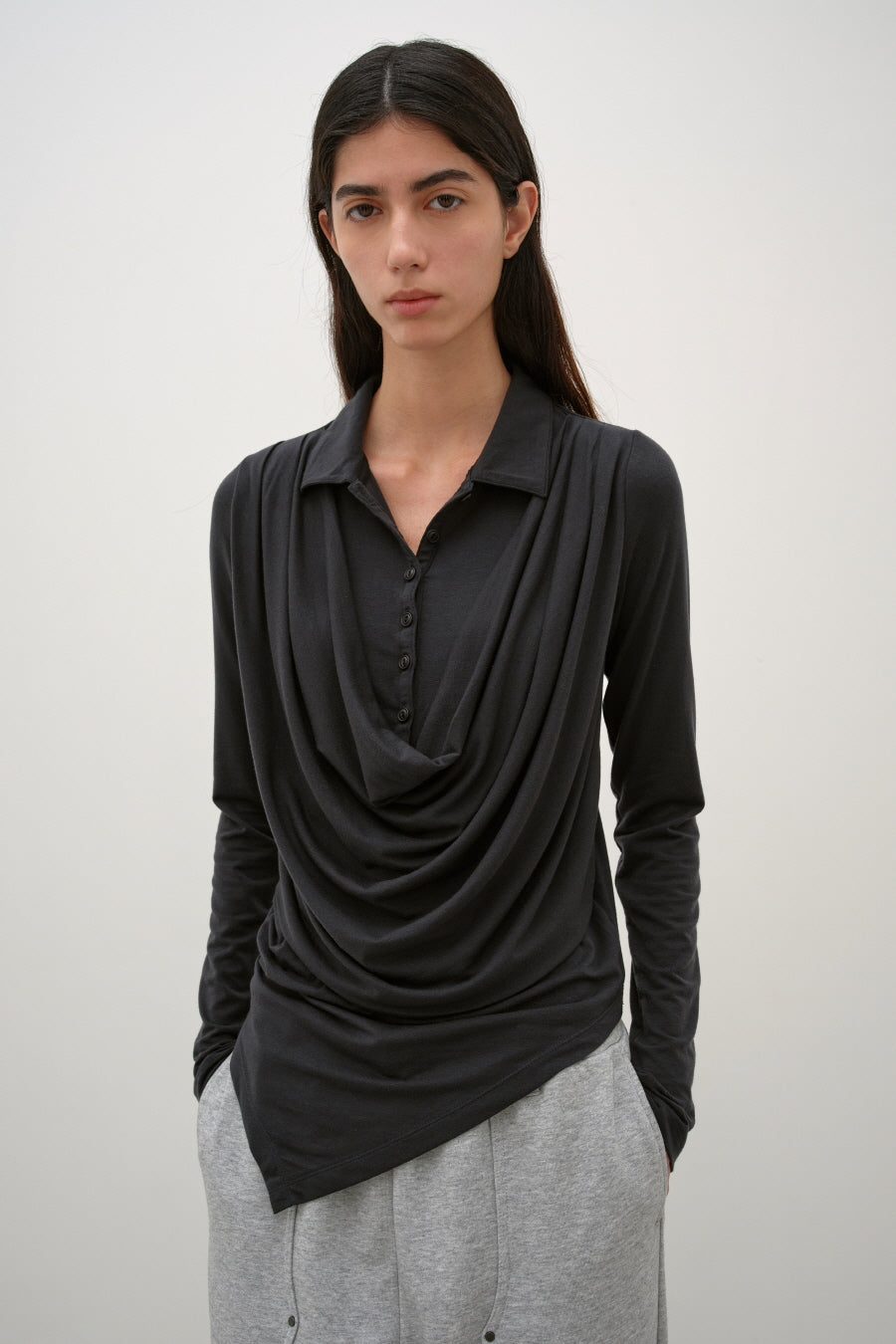 Insilence - Cowl Henley-Neck Long-Sleeve (Black) product image 1 | TRAB K-Fashion Australia