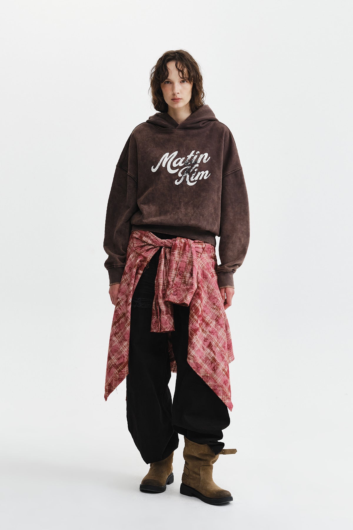 Matin Kim - Washed Calligraphy Logo Hoody Top (Brown) product image 9 | TRAB K-Fashion Australia