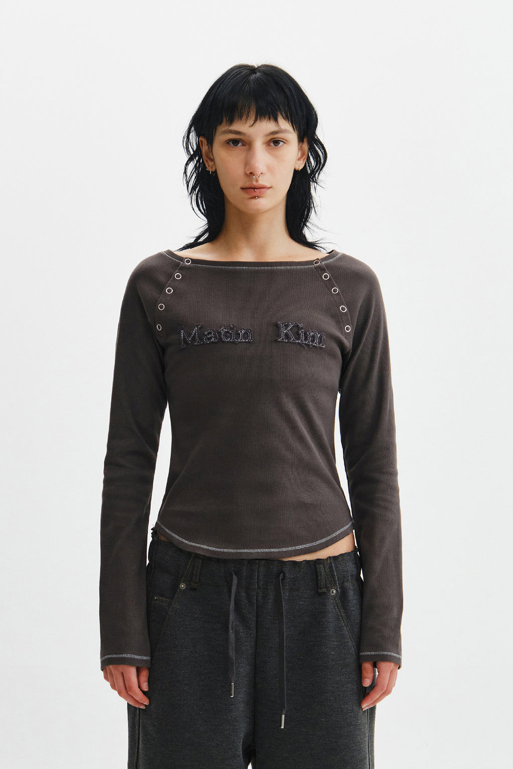 Matin Kim - Logo Applique Button Detail Raglan Top (Charcoal) product image 12 | TRAB K-Fashion Australia