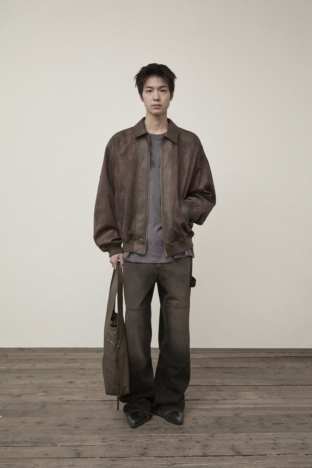 Matin Kim - Suede Mix Leather Zip Up Jumper (Brown) product image 8 | TRAB K-Fashion Australia