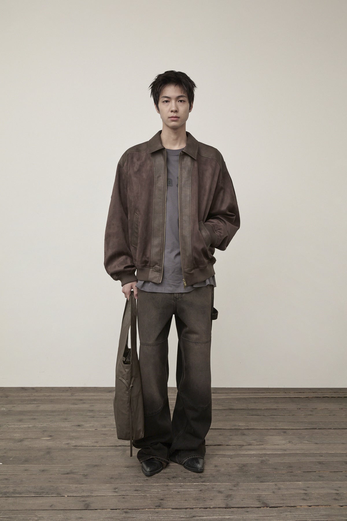 Matin Kim - Suede Mix Leather Zip Up Jumper (Brown) product image 8 | TRAB K-Fashion Australia