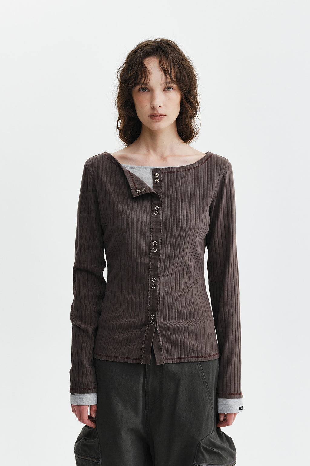 Matin Kim - Vintage Washed Ribbed Snap Top (Brown) product image 11 | TRAB K-Fashion Australia