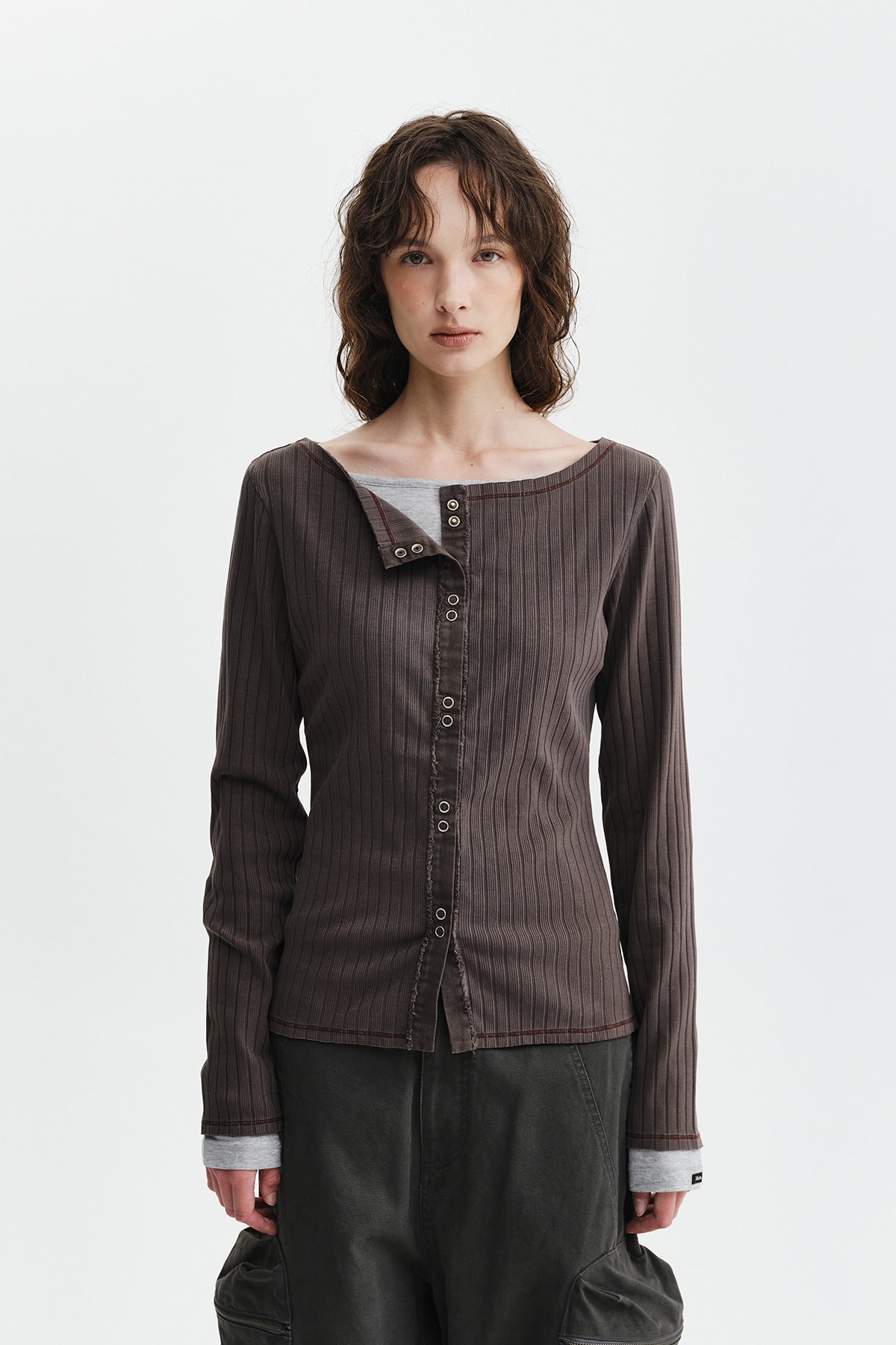 Matin Kim - Vintage Washed Ribbed Snap Top (Brown) product image 11 | TRAB K-Fashion Australia
