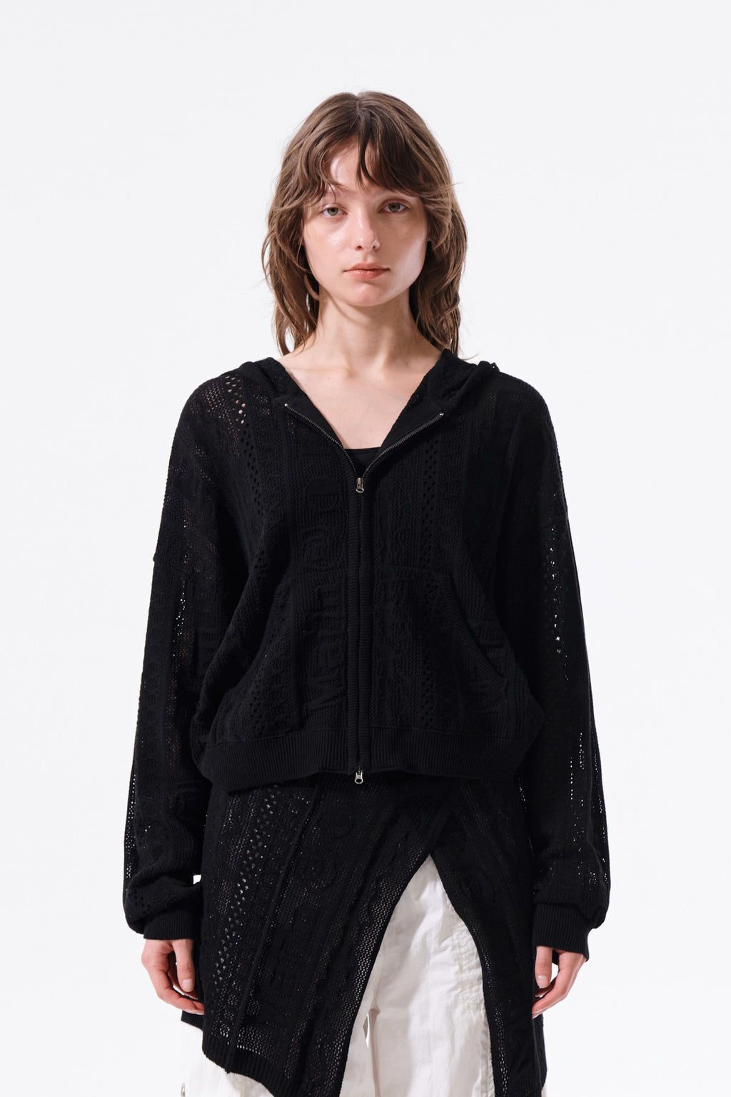 Matin Kim - Mesh Logo Knit Hoody Zip Up (Black) product image 11 | TRAB K-Fashion Australia