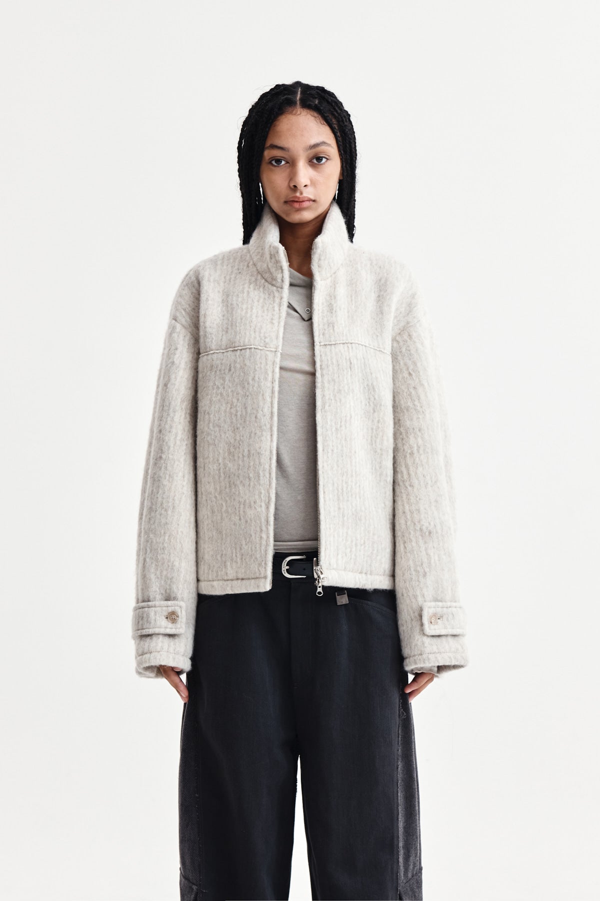 Matin Kim - Hairy High Neck Zip Up Jumper (Light Beige) product image 1 | TRAB K-Fashion Australia