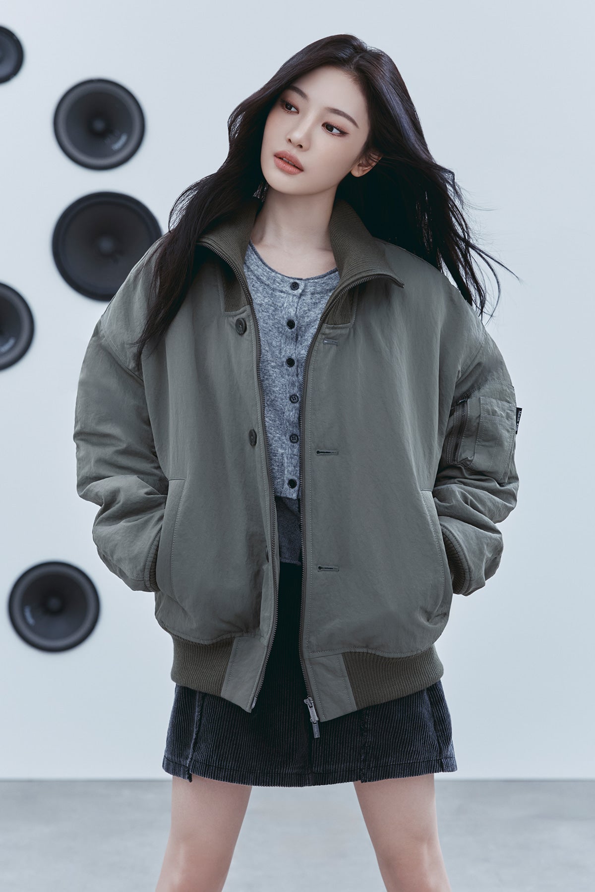 Matin Kim - High Neck Button Point Zip Up Jumper (Khaki) product image 1 | TRAB K-Fashion Australia