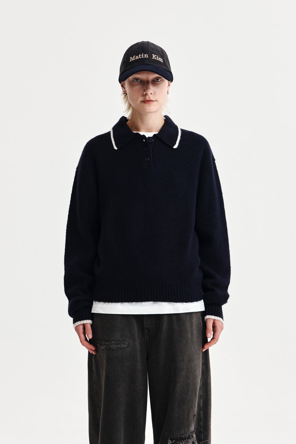 Matin Kim - Back Logo Collar Knit Top (Dark Navy) product image 1 | TRAB K-Fashion Australia