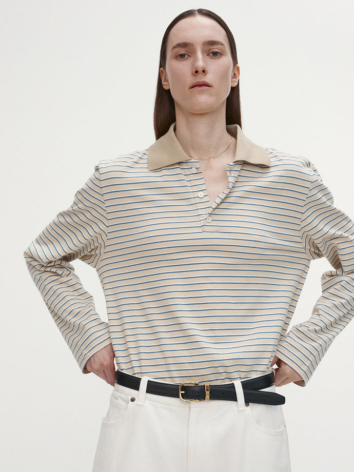 Tonywack - Striped Cotton Polo T-Shirt (Beige Multi Stripe) product image 5 | TRAB K-Fashion Australia