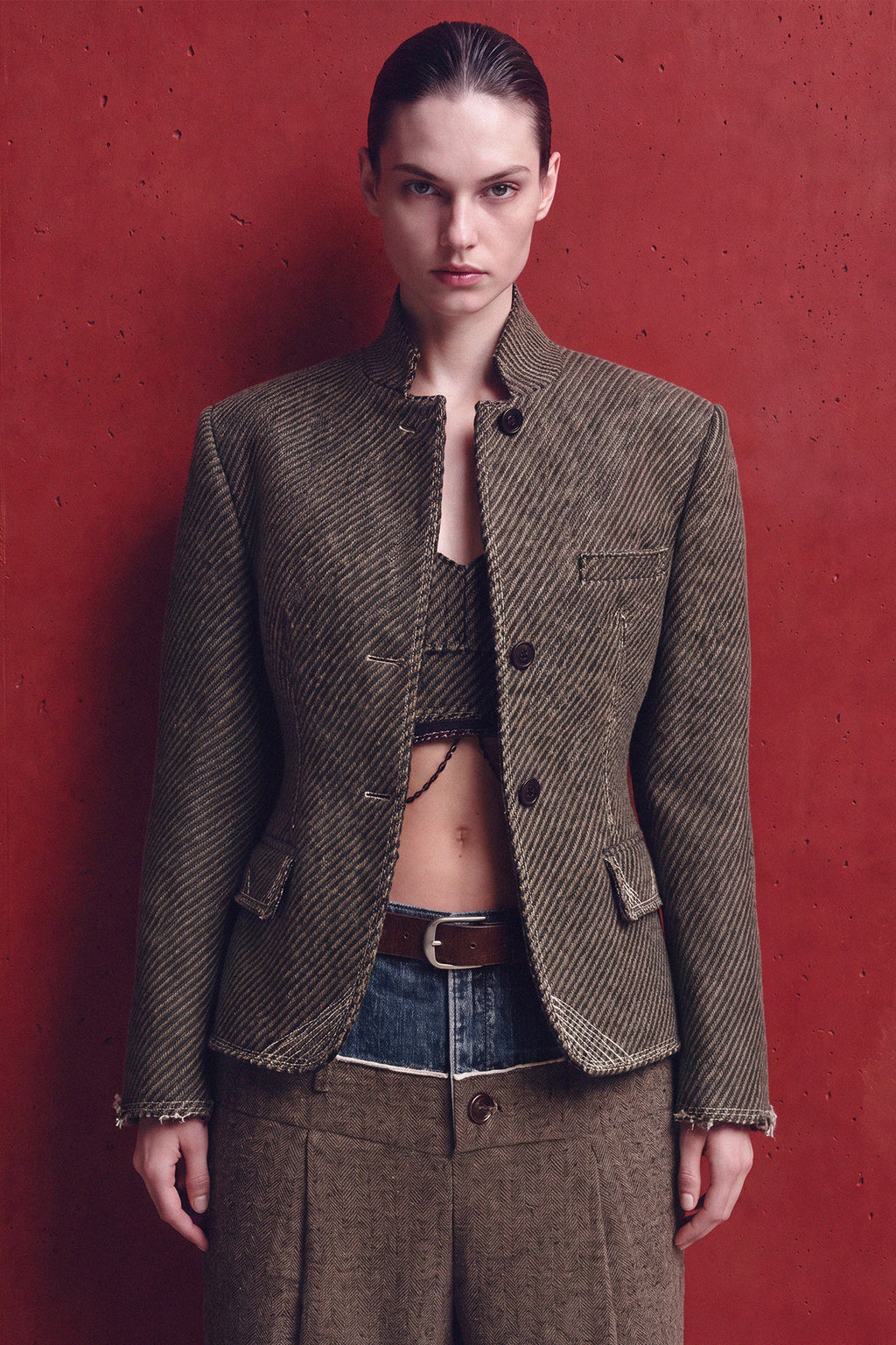 Andersson Bell - Wool Twill Cropped Tailored Jacket (Brown) product image 2 | TRAB K-Fashion Australia