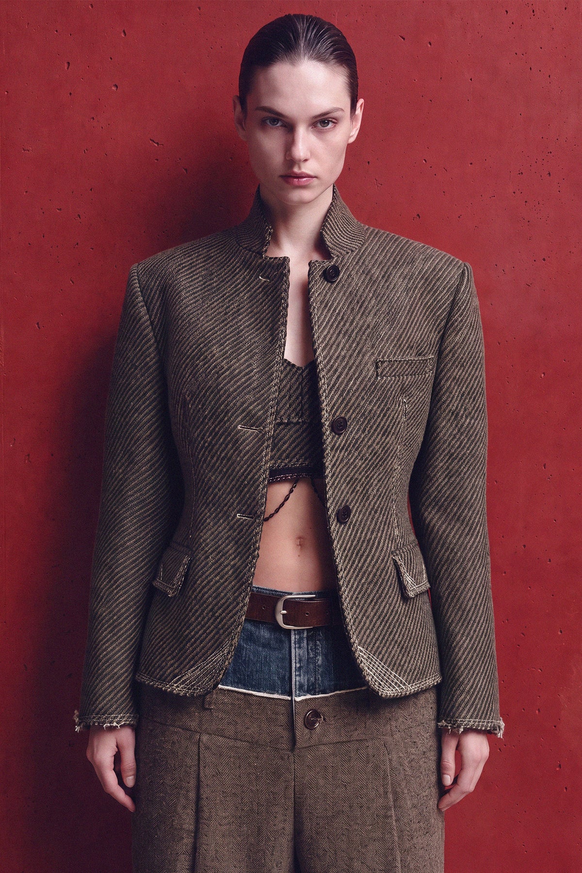 Andersson Bell - Wool Twill Cropped Tailored Jacket (Brown) product image 2 | TRAB K-Fashion Australia