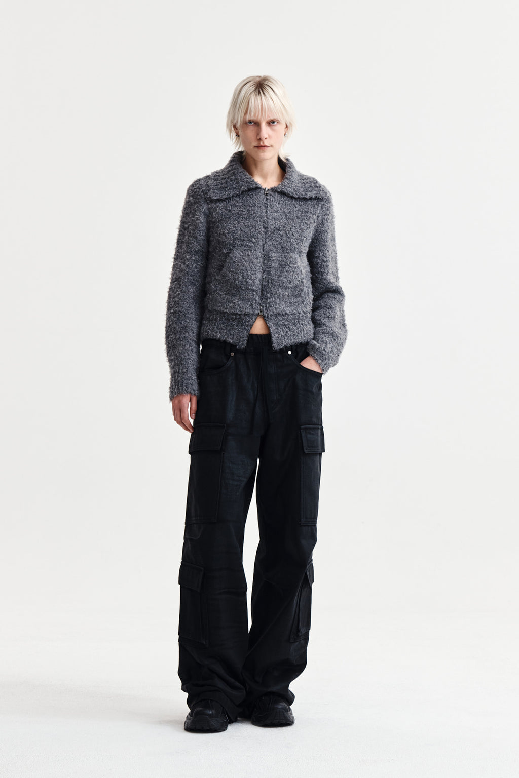 Matin Kim - Boucle Knit Zip Up Cardigan (Charcoal) product image 8 | TRAB K-Fashion Australia