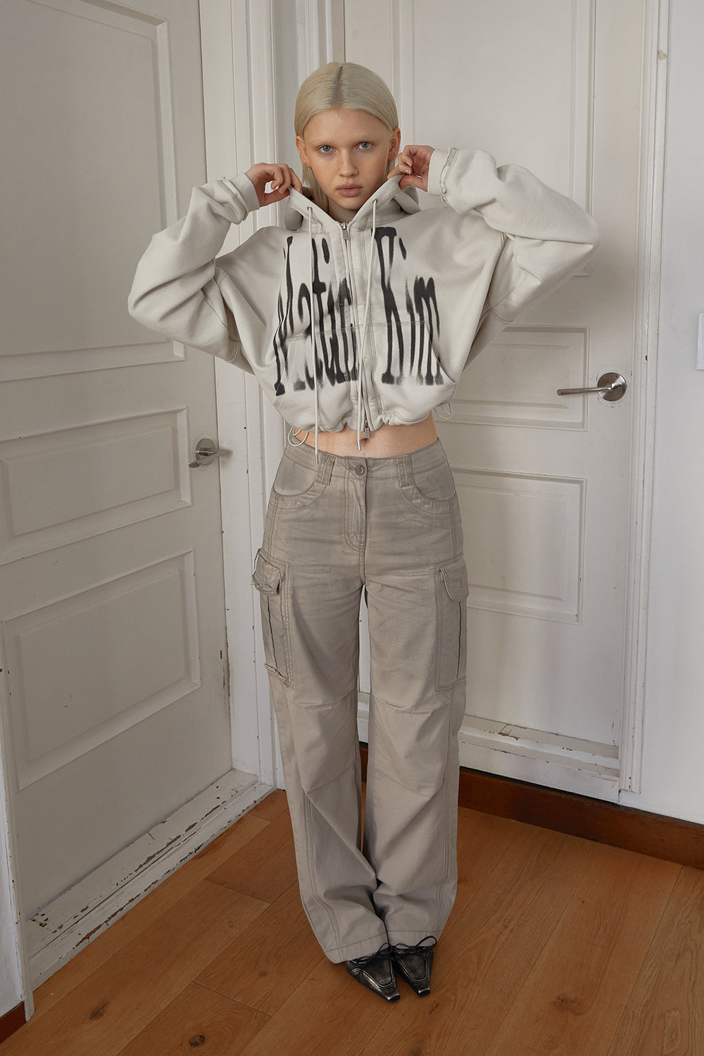 Matin Kim - Big Logo Crop Hoody Zip Up (Beige) product image 14 | TRAB K-Fashion Australia