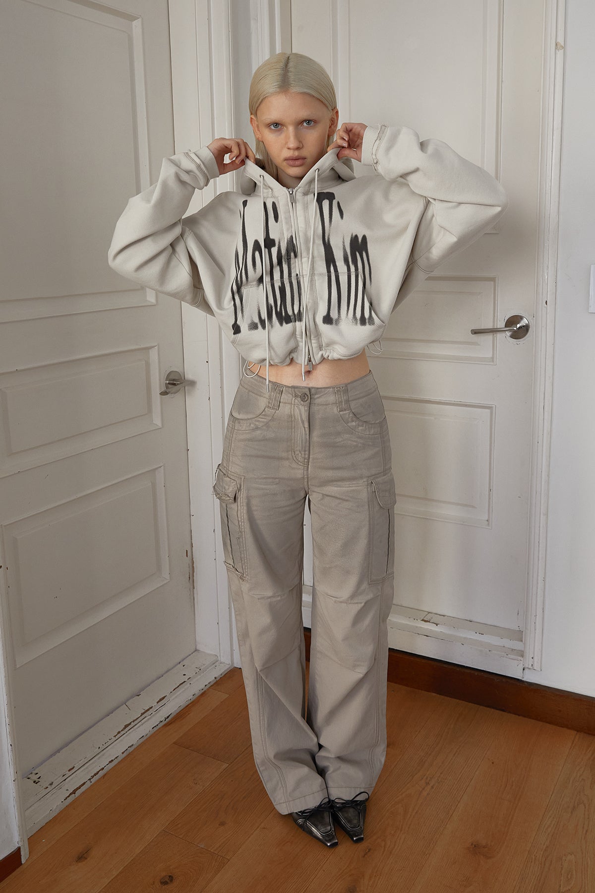 Matin Kim - Big Logo Crop Hoody Zip Up (Beige) product image 14 | TRAB K-Fashion Australia