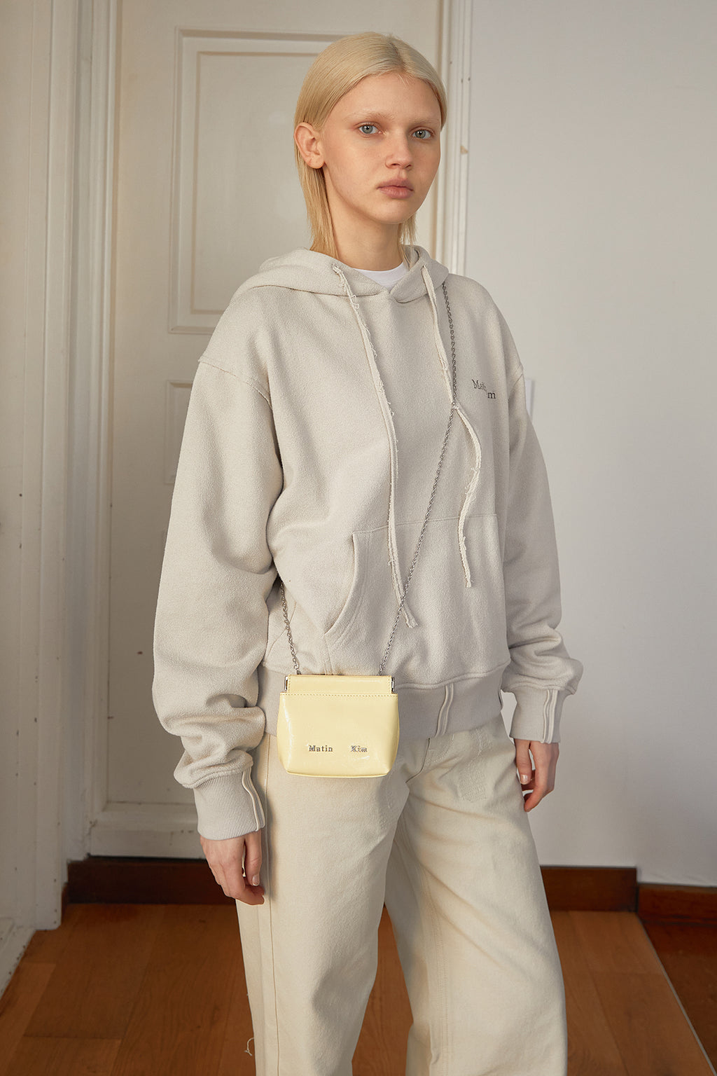 Matin Kim - Rib Cut Detail Logo Hoody (Beige) product image 11 | TRAB K-Fashion Australia