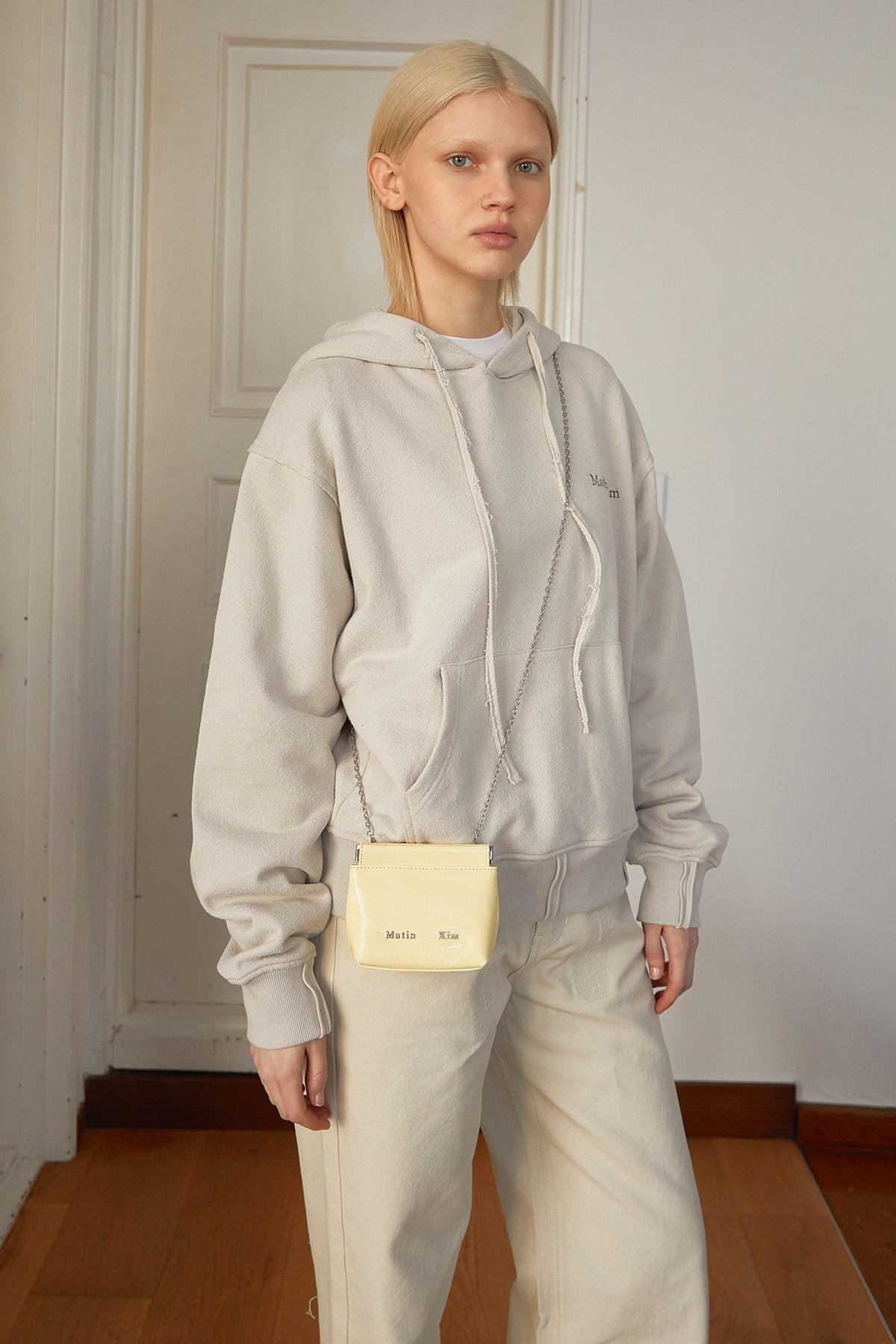 Matin Kim - Rib Cut Detail Logo Hoody (Beige) product image 11 | TRAB K-Fashion Australia