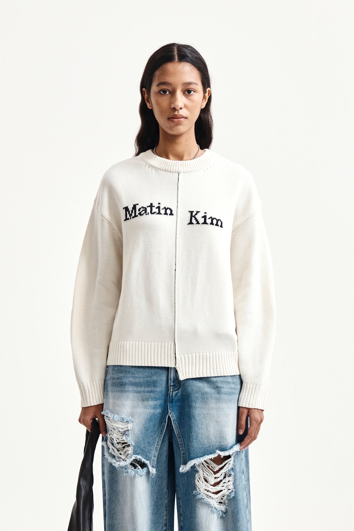 Matin Kim - Asymmetric Logo Knit Pullover (Ivory) product image 5 | TRAB K-Fashion Australia