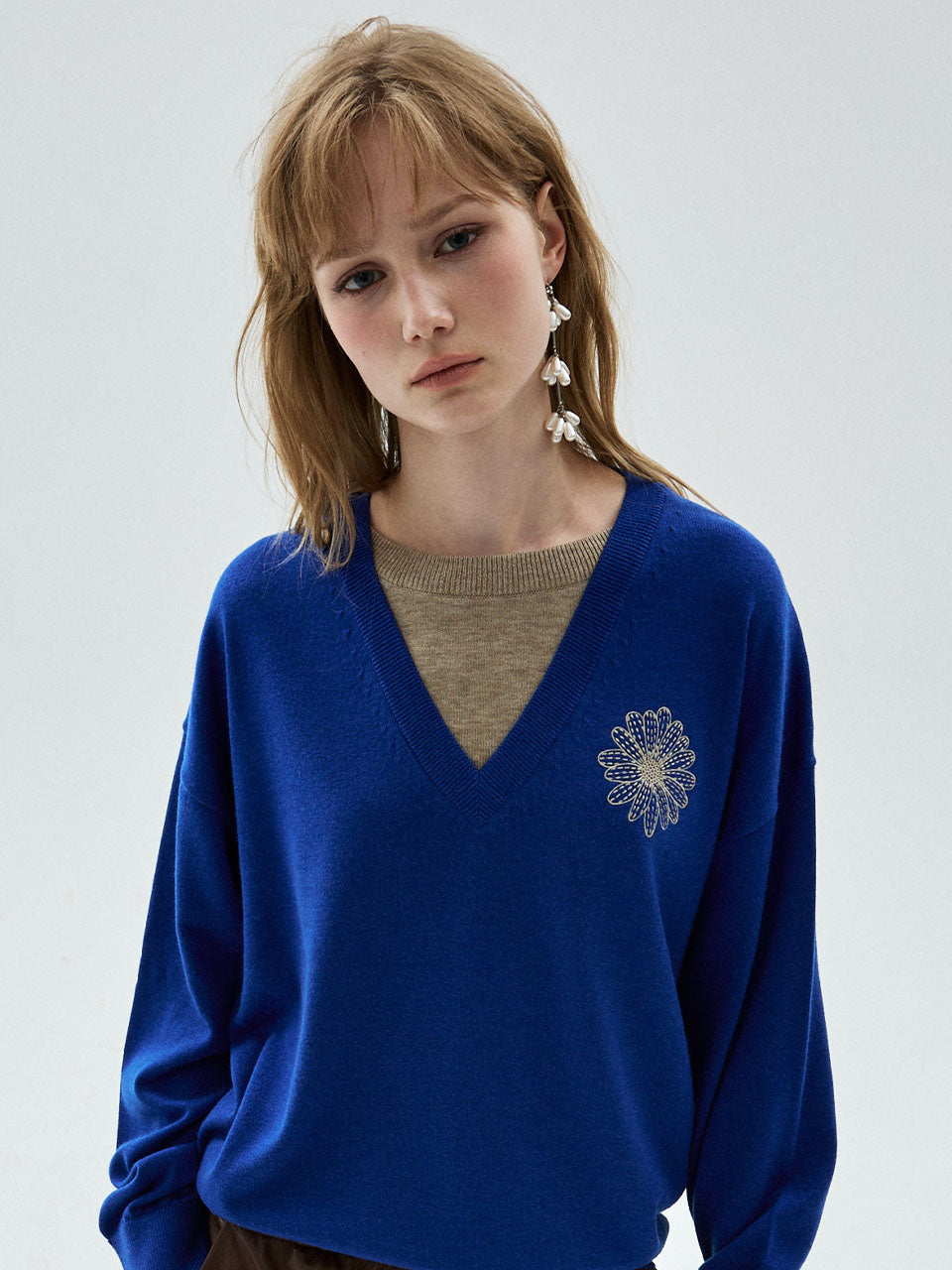 Mardi Mercredi - Wool Blend V Neck Layered Flower (Blue Beige) product image 1 | TRAB K-Fashion Australia