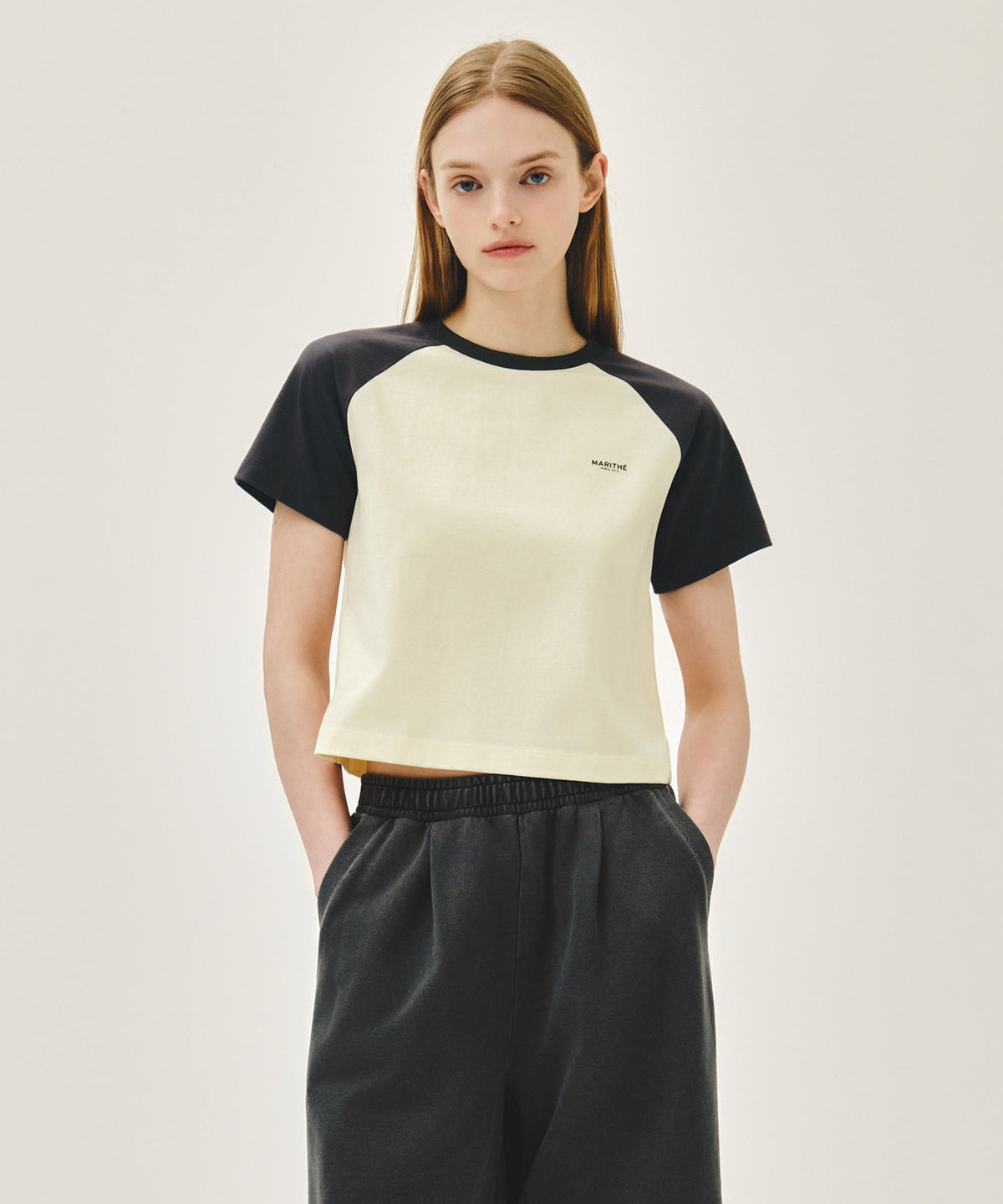 Marithe & Francois Girbaud - Small Regular Logo Raglan Crop Tee (Charcoal) product image 1 | TRAB K-Fashion Australia