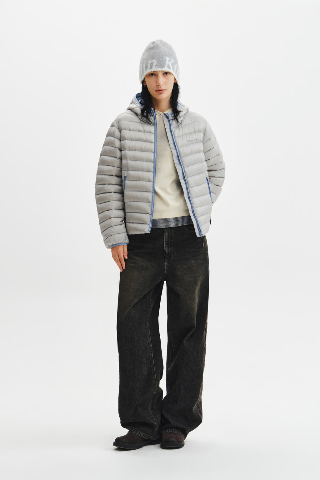 Matin Kim - Contrast Trim Light Down Hoody Jumper (Light Grey) product image 11 | TRAB K-Fashion Australia