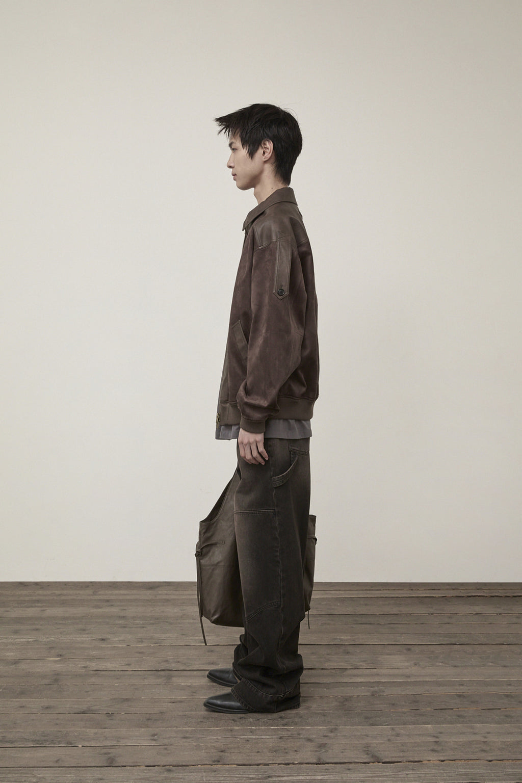 Matin Kim - Suede Mix Leather Zip Up Jumper (Brown) product image 6 | TRAB K-Fashion Australia