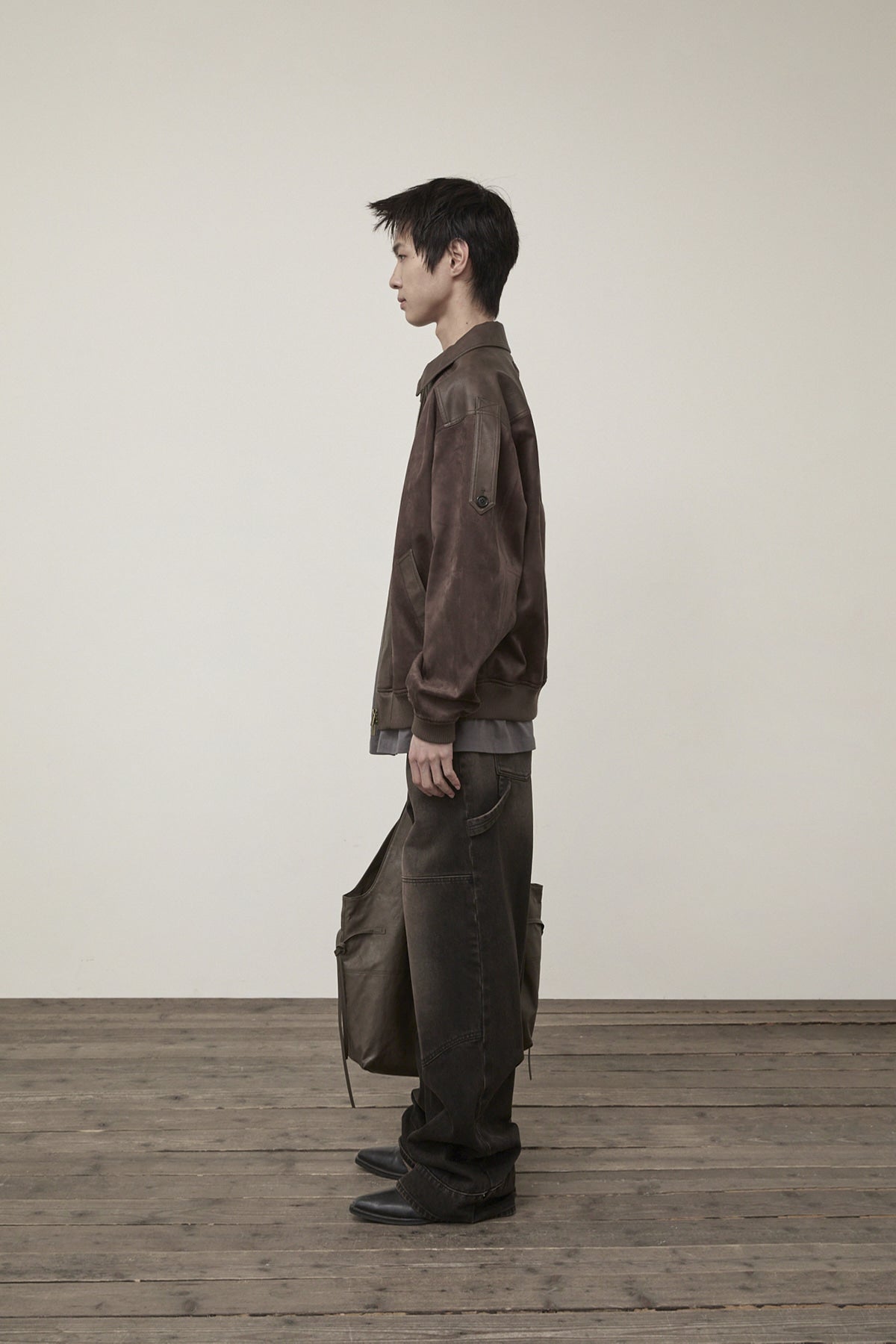 Matin Kim - Suede Mix Leather Zip Up Jumper (Brown) product image 6 | TRAB K-Fashion Australia